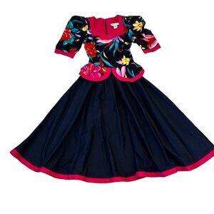 Leslie Lucks Vintage 80s Black Pink Floral Peplum Vintage Dress 6